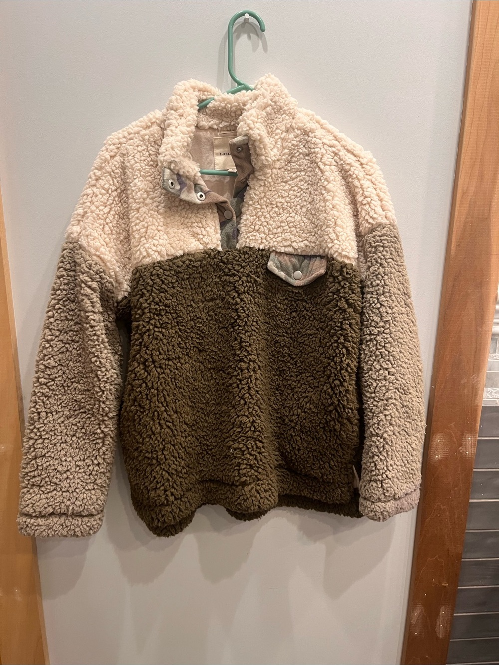 Thread and Supply Two-Tone Sherpa Pullover Jacket - Cream & Olive